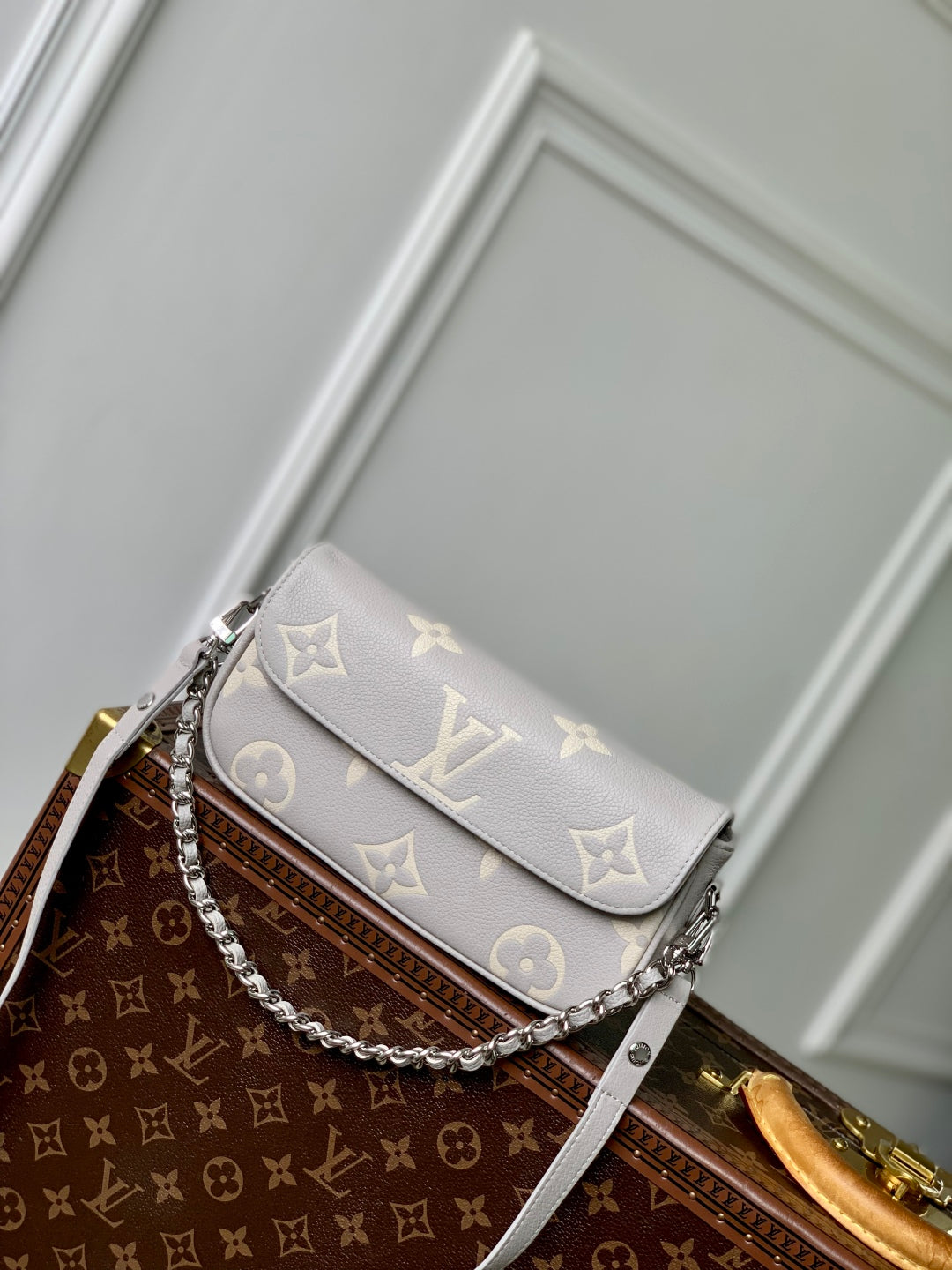 Cream Monogram Shoulder Bag – Leather Crossbody with Silver Chain Detail