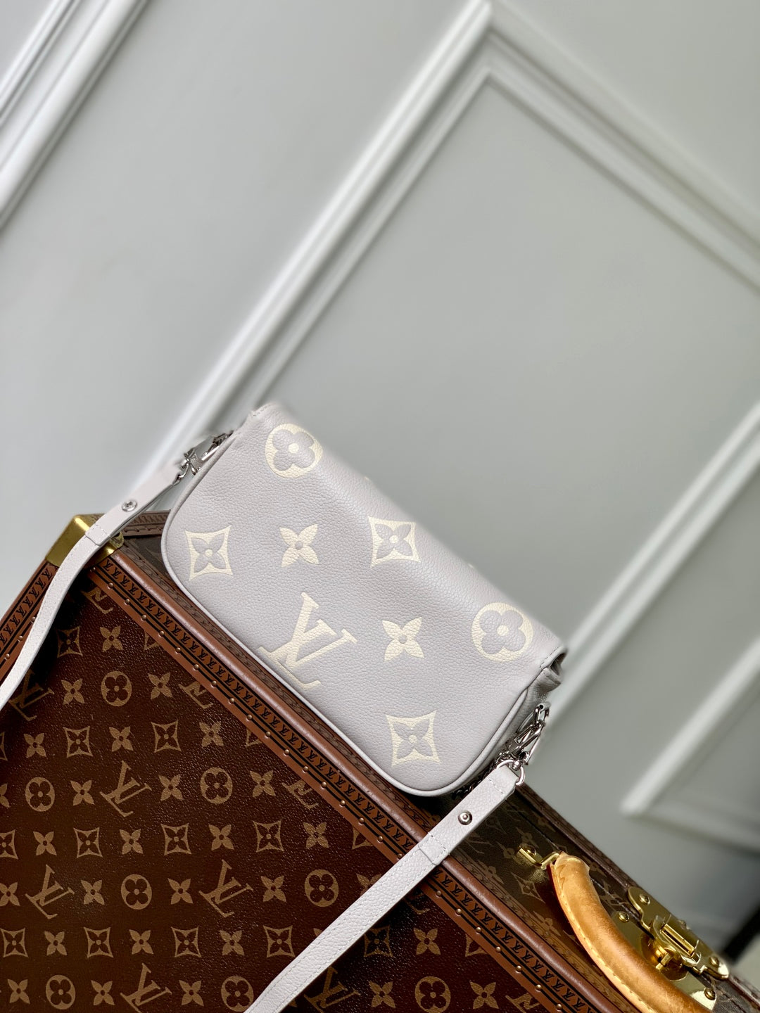 Cream Monogram Shoulder Bag – Leather Crossbody with Silver Chain Detail