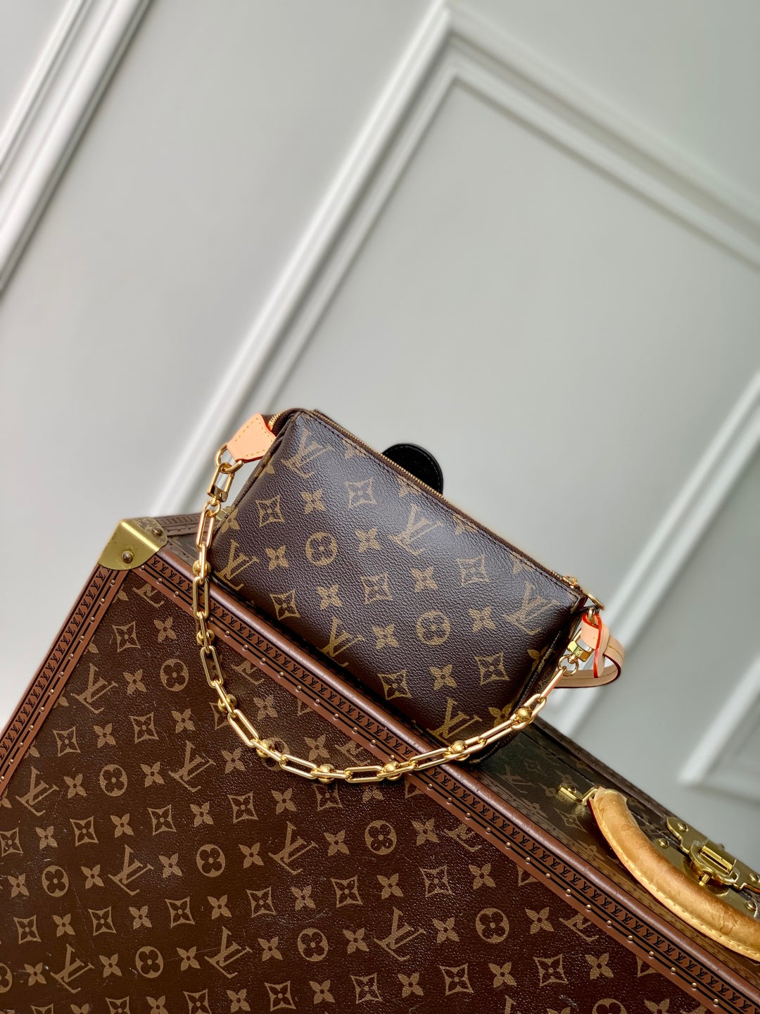 Monogram Crossbody Bag with Gold Chain – Limited Edition Cartoon Charm Design