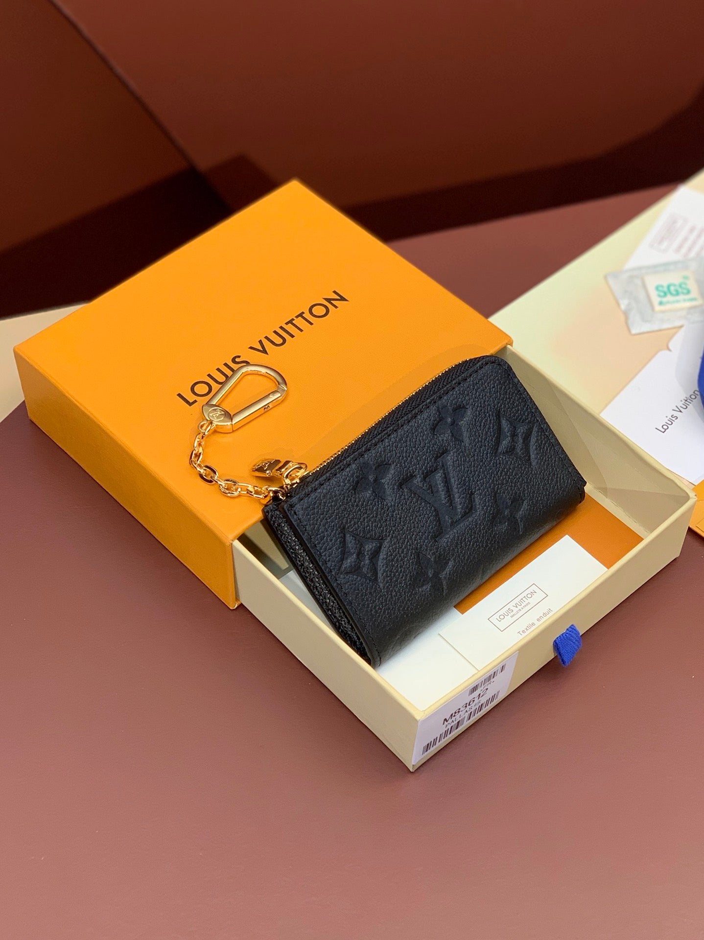 Compact Monogram Key Pouch – Mini Leather Wallet with Gold Chain Clip